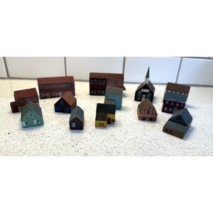 Vintage Lot of 13 Primitive Wood Block Village Houses Shelf Sitters Folk Art